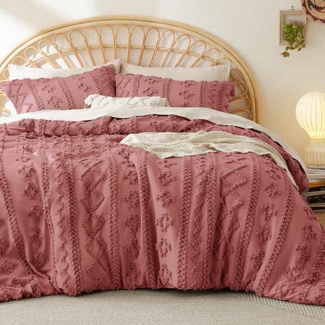 Juego de edredón Bedsure Tufted Boho King Size, color rosa grisáceo
