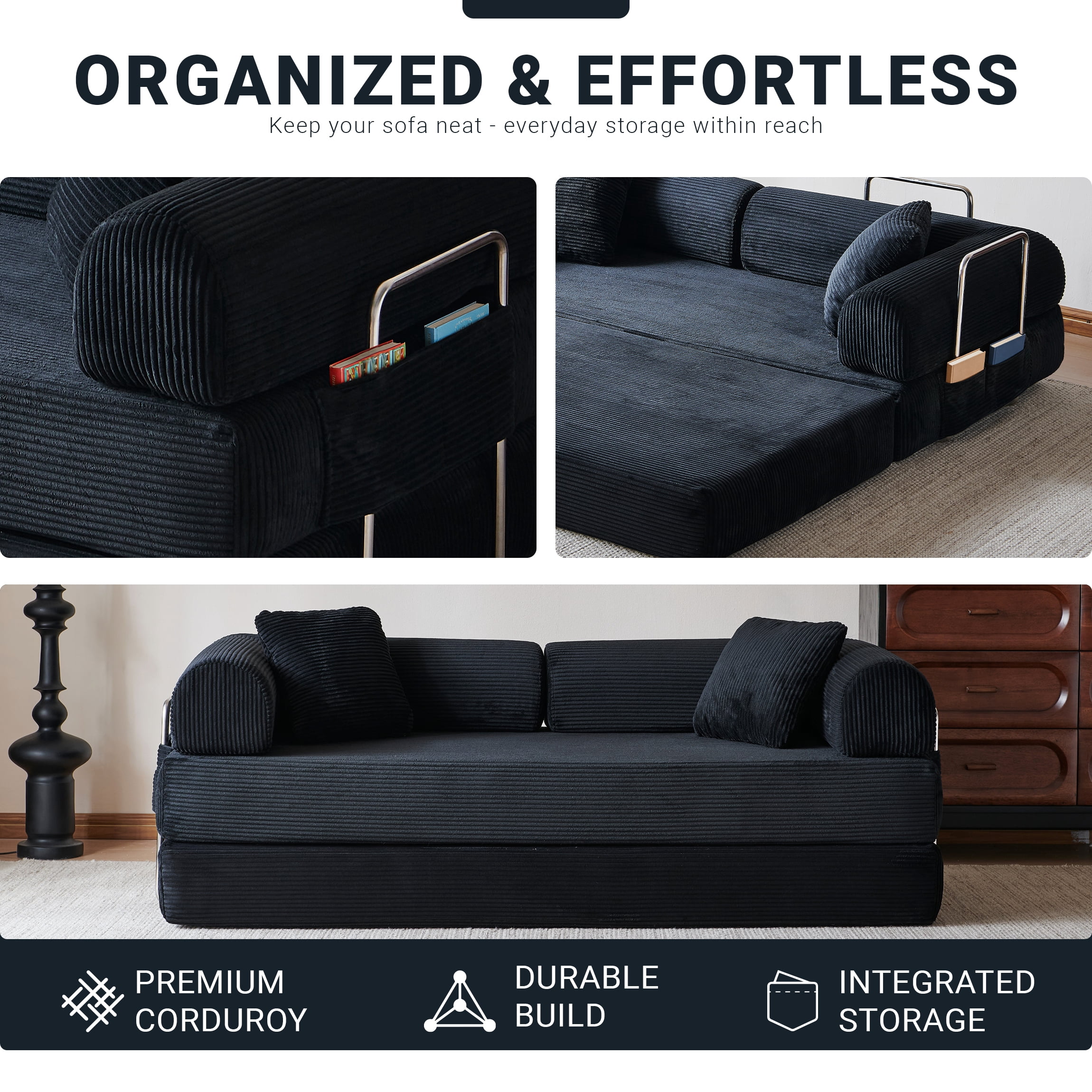 Vanress 78" Convertible Sofa Bed, Folding Sleeper Sofa Couch Bed with Fixed-Shape Frame, Pull-Out Sleeper Loveseat, Corduroy Boneless Futon Bed, No Assembly Required for Living Room & Bedroom, Black