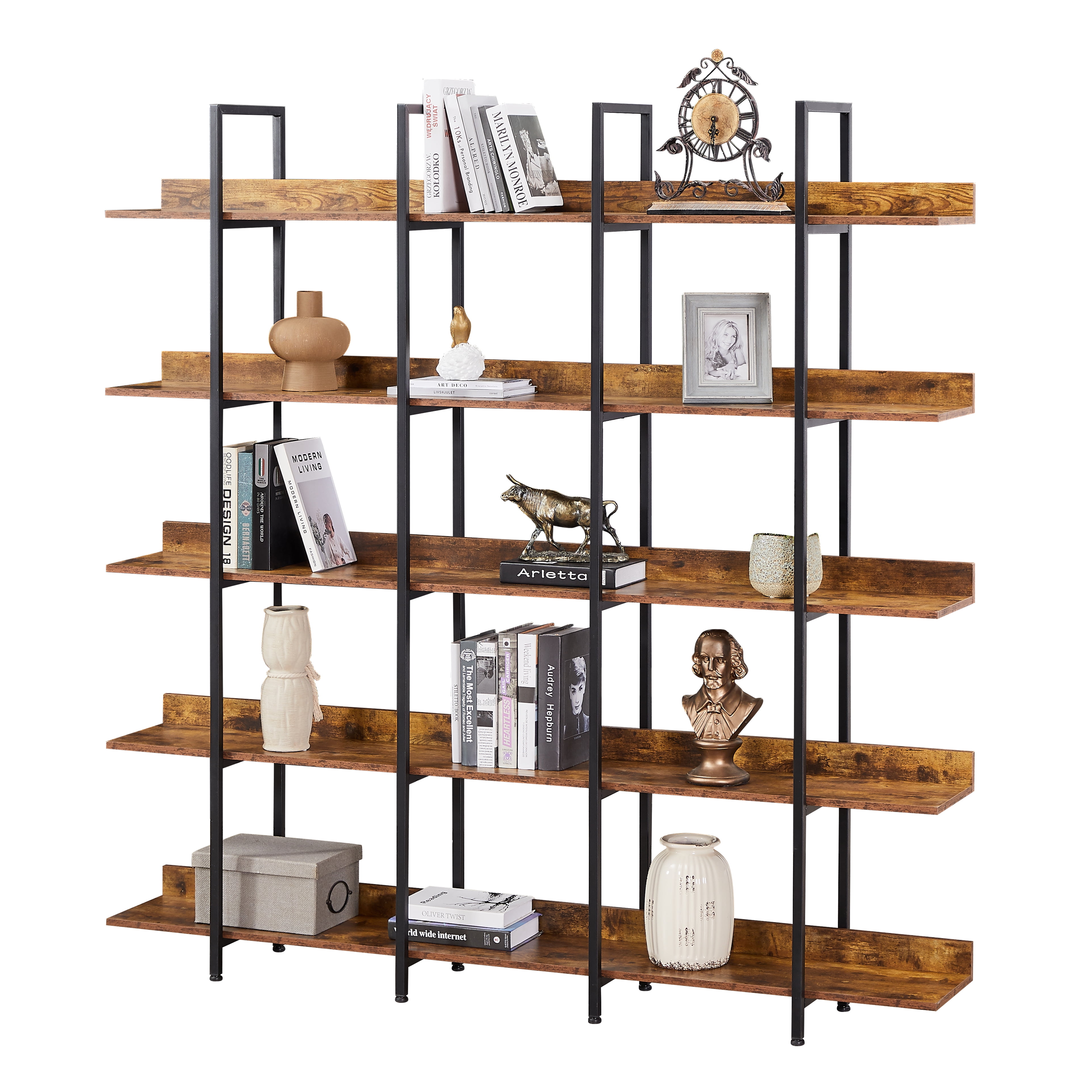 5-Tier Industrial Bookshelf with MDF Shelves, Steel Frame, 80 lbs Per Shelf, Anti-Falling Device, Adjustable Feet for Study Living Room Office