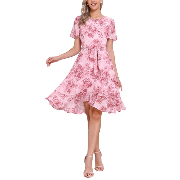 Vestido midi floral de mujer con volantes y dobladillo asimétrico de verano, de manga corta y cuello redondo, color rosa