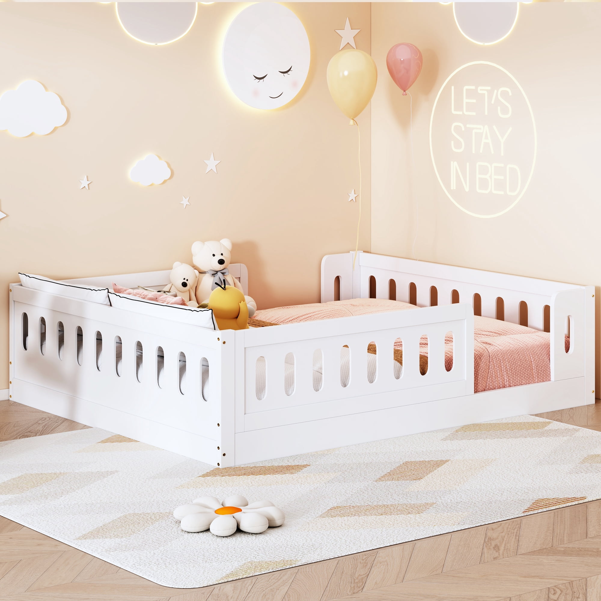 Wood Full Size Platform Bed with Guardrail, White