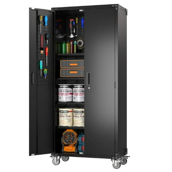 Studyset Garage Storage Cabinet with Wheels & Pegboard, 72" H Locking Metal Storage Cabinet with 2 Doors & 4 Adjustable Shelves for Garage Workshop Home Office, Black