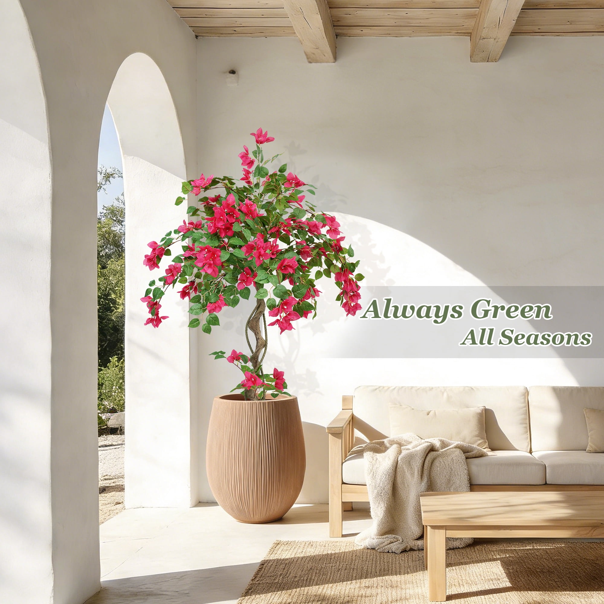 OLIVIVI Faux Bougainvillea Flowers Tree 4FT Tall Artificial Pink Flowers Plant for Home Office Decor Indoor Outdoor Fake Lifelike Potted Tree with Wood Branches 1 pack