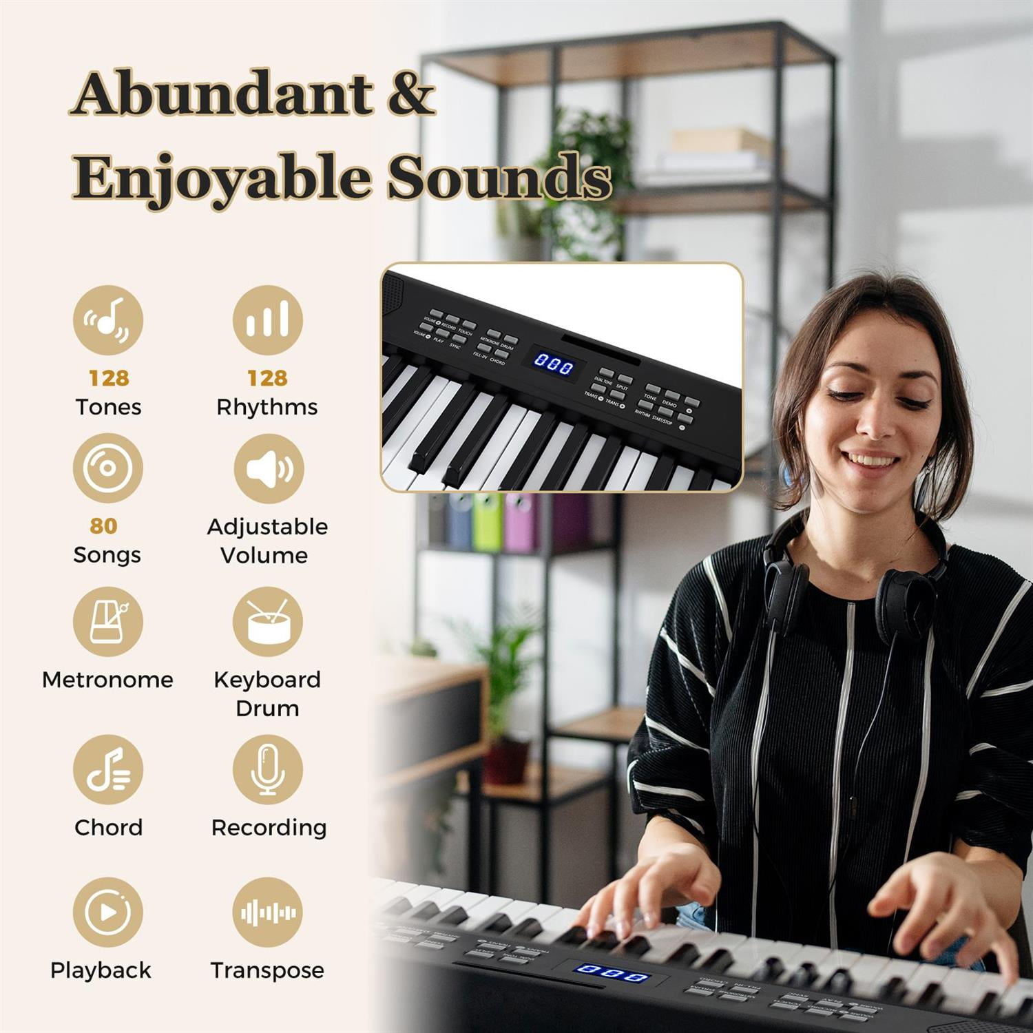 Spaco 61-Key Home & Stage Keyboard Piano, 800 Timbres & 600 Rhythms with Adjustable Stand, Black
