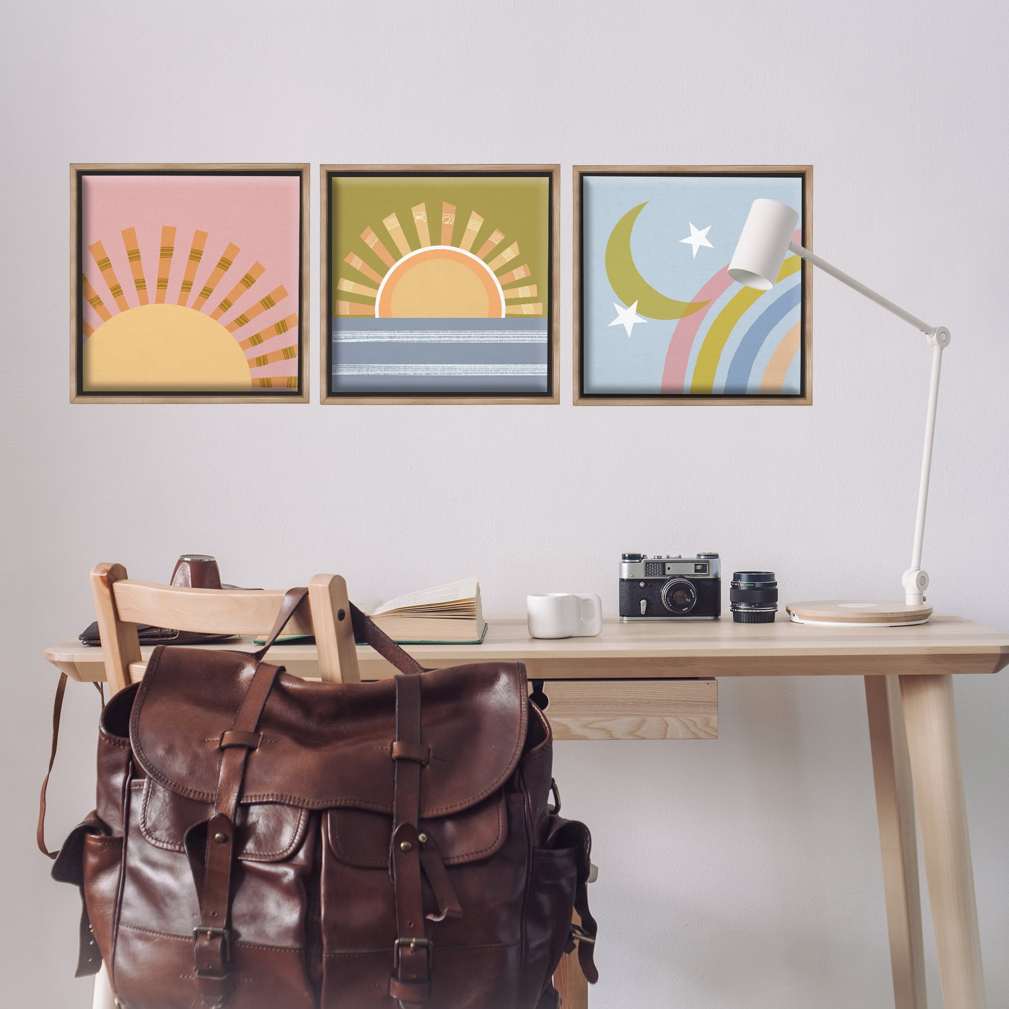 Stupell Industries Rising Sun & Moon Landscape & Nature Painting Brown Floater Framed Canvas Art Print Wall Art, 18 x 18, Set of 3