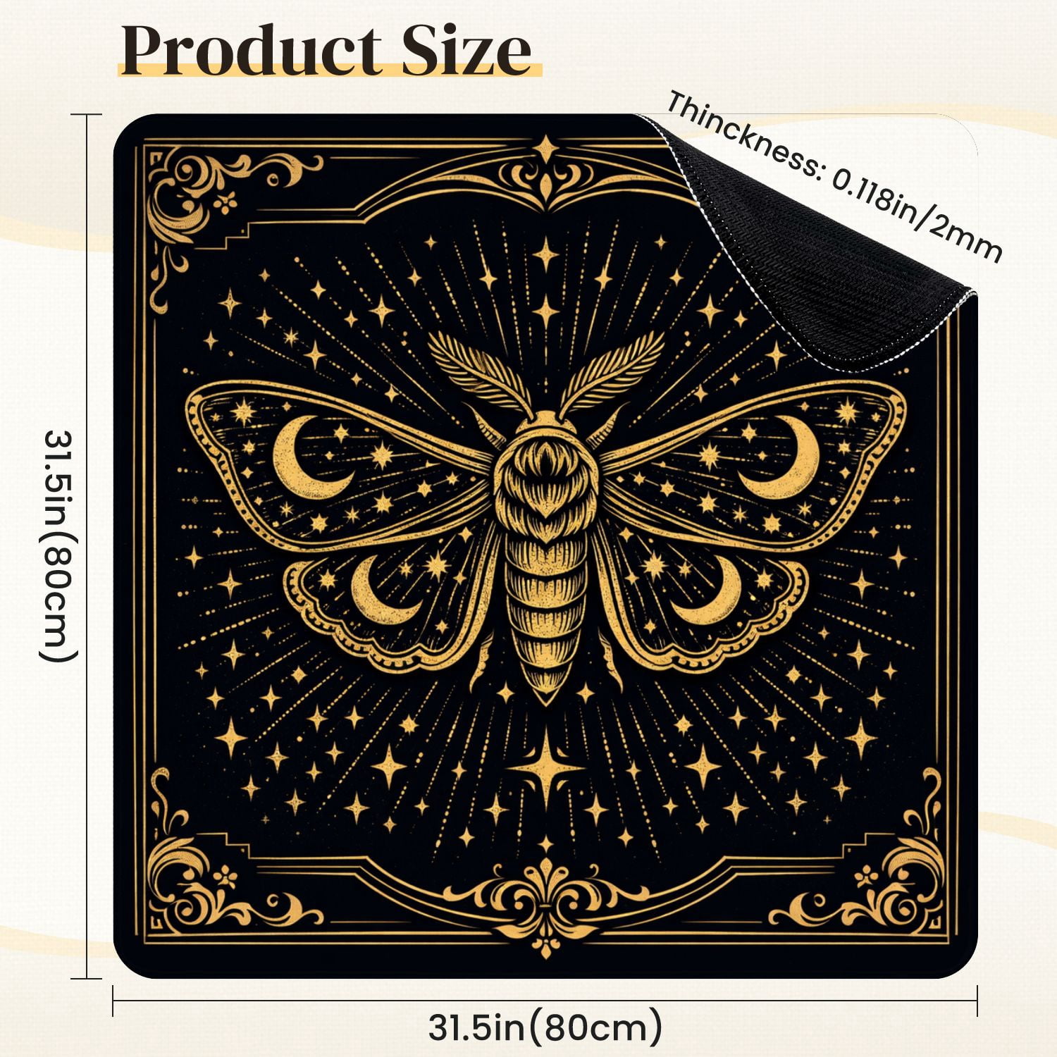 Mahjong Mat 31.5" x 31.5" Mystical Celestial Moth Stars Moons Geometric Patterns Gold Black Non-Slip Noise Reduction Mahjong Tiles Table Cover for Dominoes Poker Card Board and Tile Games