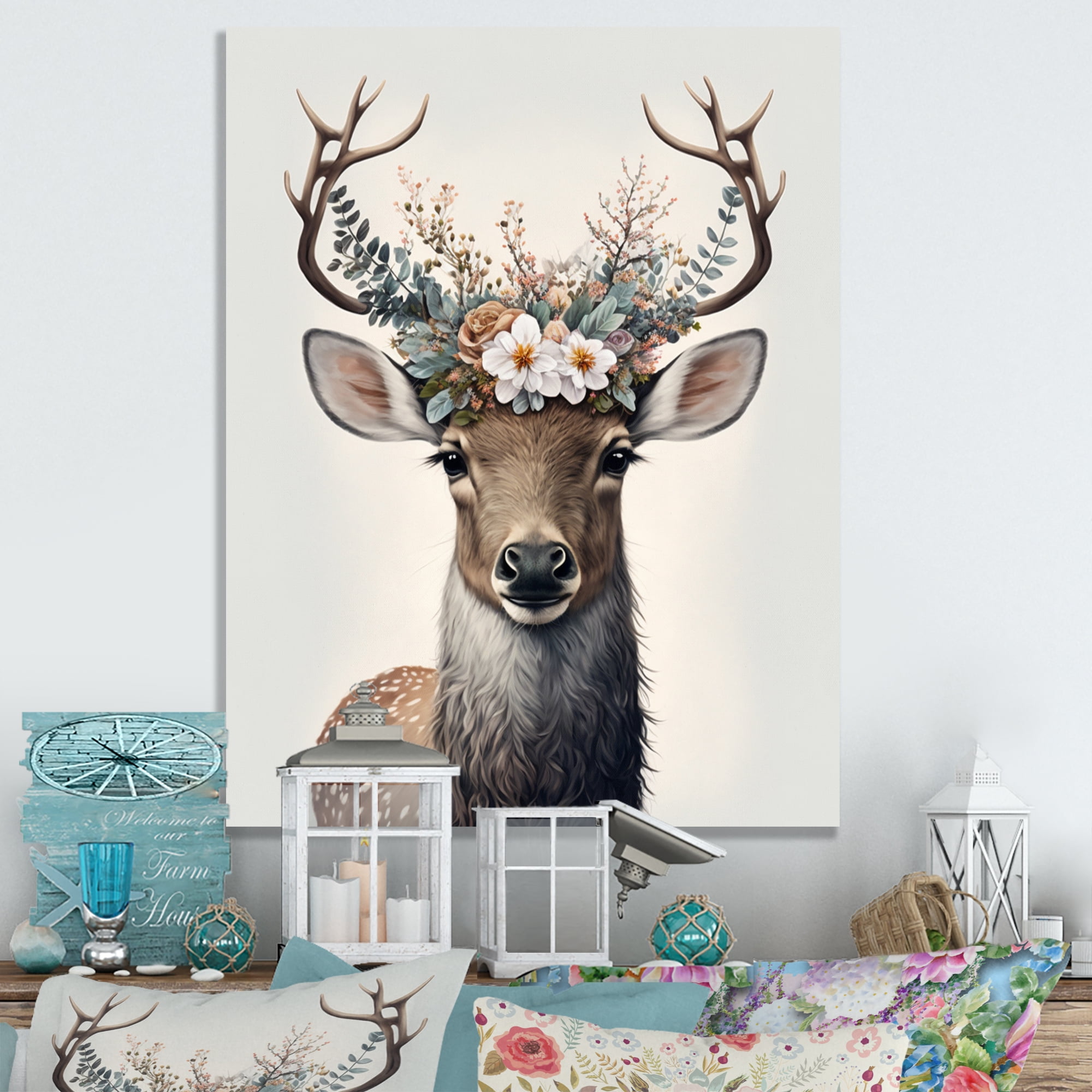 Designart Cute Baby Caribou With Floral Crown III Canvas Wall Art
