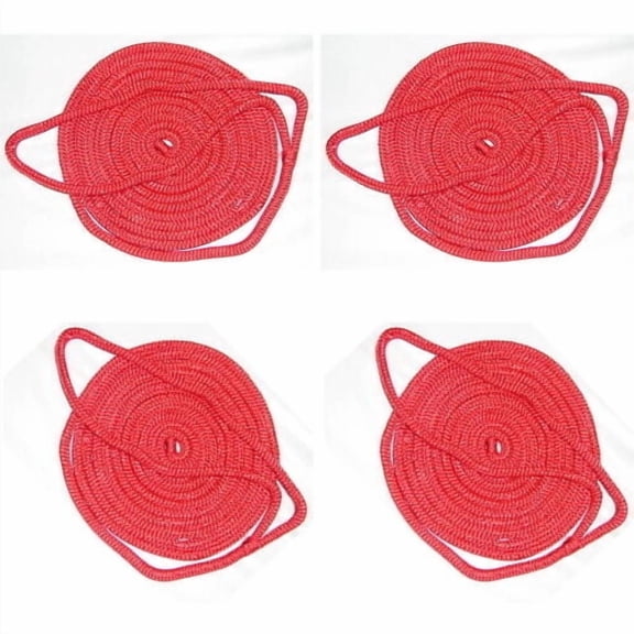 4 Pack of 1/4 Inch x 6 Ft Red Double Braid Nylon Fender Lines for Boats