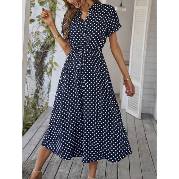 Blue Dress With Belted Waist And Short Sleeves