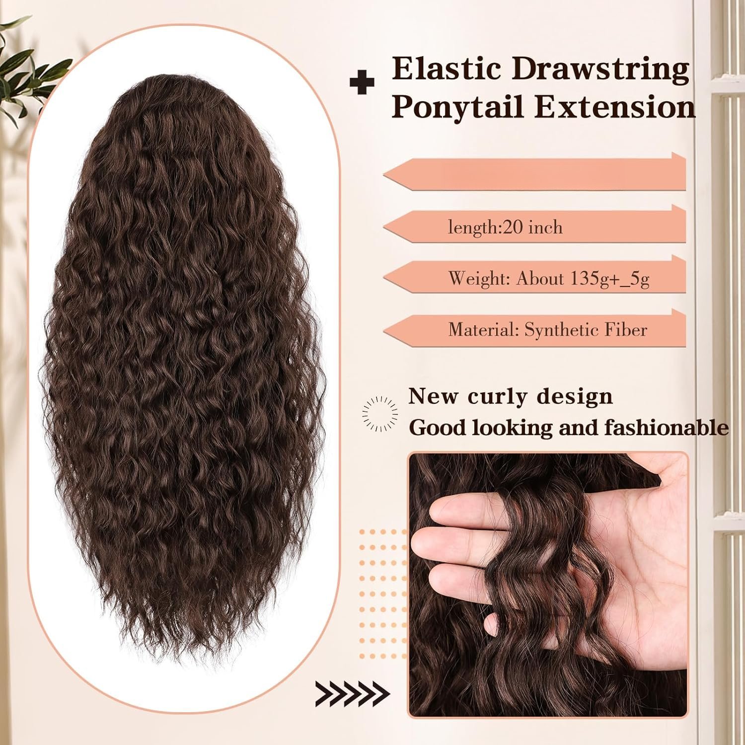 Curly Drawstring Ponytail, Dark Brown Synthetic Hair Extension, 20 Inch Long Curly Wavy Clip-in Ponytail for Women