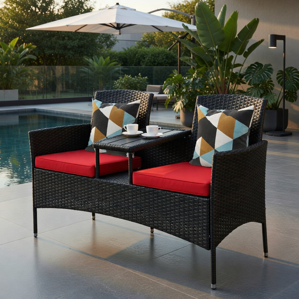 Hommoo Modern Outdoor Patio Conversation Set with Built-in Trapezoid Coffee Table & Removable Cushions, Brown Rattan, Red