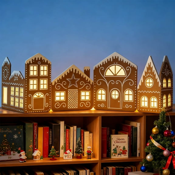 Christmas Gingerbread Village Light-Up Decor, 2 Gingerbread House Cardboards with String Lights for Holiday Display Table Centerpiece Indoor Festive Decoration