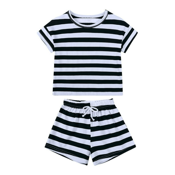 Odeerbi 6M-4Y Niños Niñas Conjuntos de Verano Camiseta de Manga Corta de Algodón A Rayas Pantalones Cortos Conjunto de Dos Piezas Pijama Acondicionado