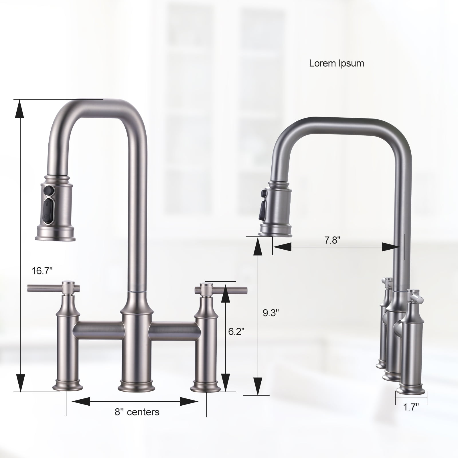 Double Handle Bridge Kitchen Faucet with Advanced Spray in Brushed Nickel