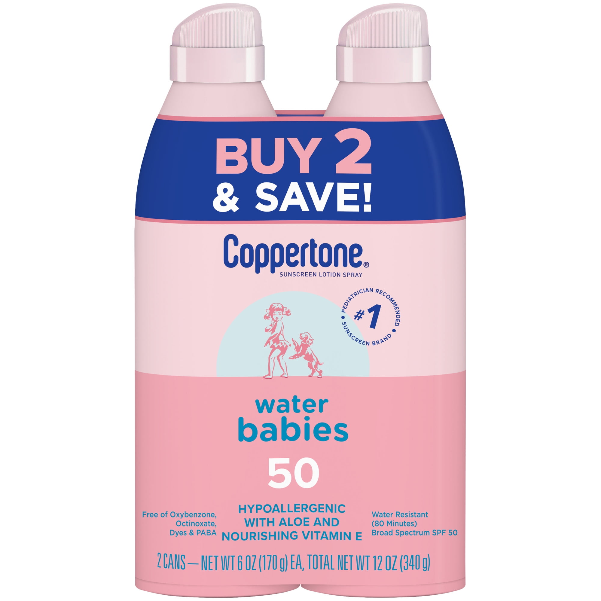 Coppertone WaterBabies Sunscreen Spray, SPF 50 Baby Sunscreen, 6 Oz, Pack of 2