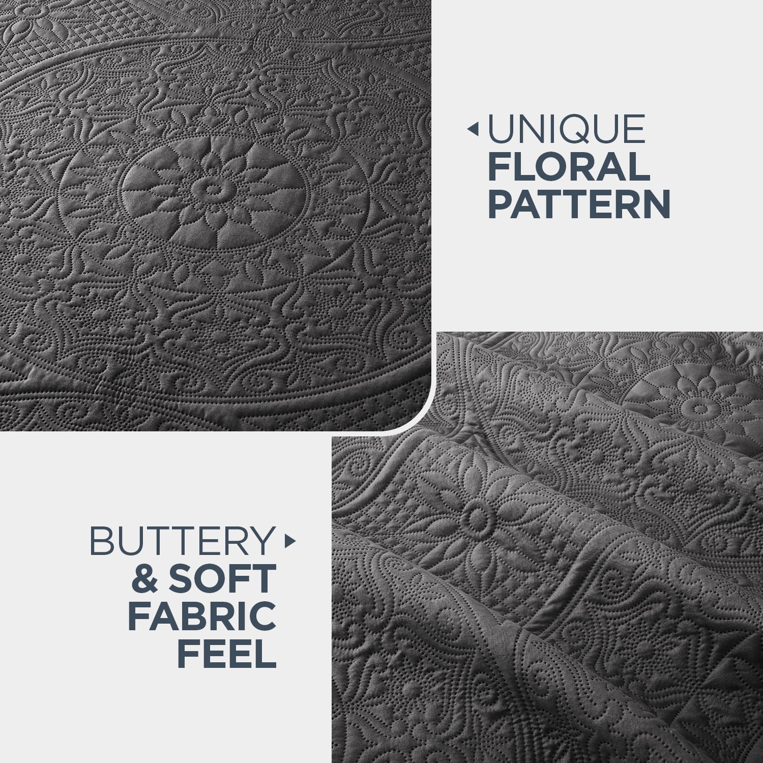 IR Imperial Rooms 3Pc-Embossed Bedspread Soft Microfiber Floral Modern Quilt Set Lightweight Queen Charcoal