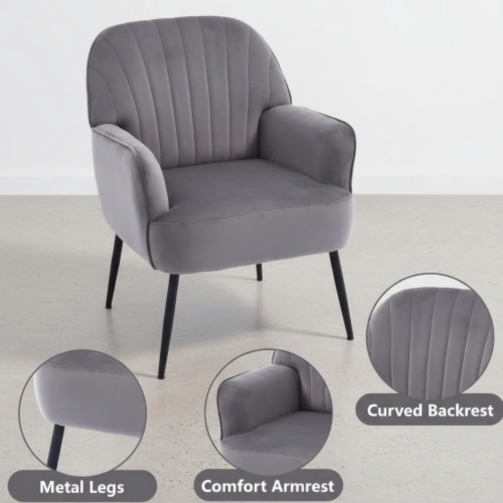 Velvet Accent Chair, Modern Upholstered Barrel Chair with Shell-Shaped Tufted Back, Padded Armrests, Metal Legs for Living Room, Bedroom & Office, Grey