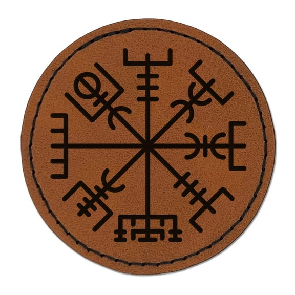 Viking Vegvisir Norse Protection Rune 2.5" Faux Leather Round Engraved Iron-On Patch - Brown