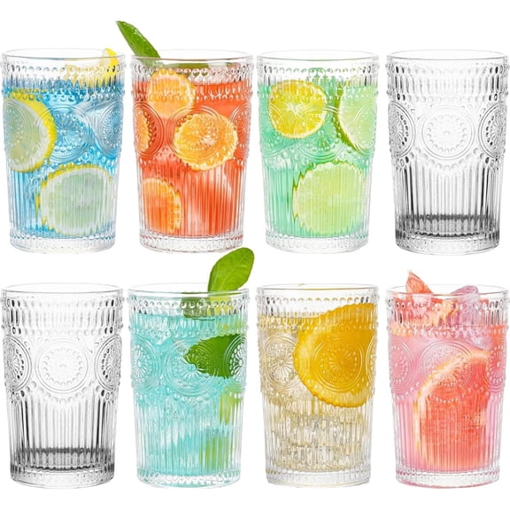 Vintage Highball Glasses, Set of 8 Glass Drinking Glasses, 13.5 Oz Durable Drink