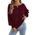 thumbnail image 2 of Women Solid Textured Cable Knit Off Shoulder Boat Neck Balloon Long Sleeve Loose Pullover Sweater Wine Red L, 2 of 10