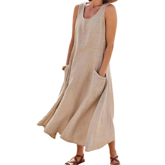 Robe Sans Manches en Coton et Lin pour Femmes avec Poches Style Boho Robe de Plage