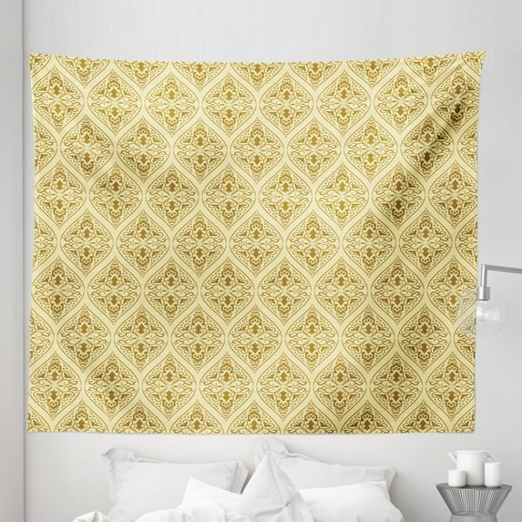Damask Tapestry, Victorian Vintage Royal Ornamental Tiles Middle Age Renaissance Pattern, Fabric Wall Hanging Decor for Bedroom Living Room Dorm, 5 Sizes, Pale Yellow and Amber, by Ambesonne