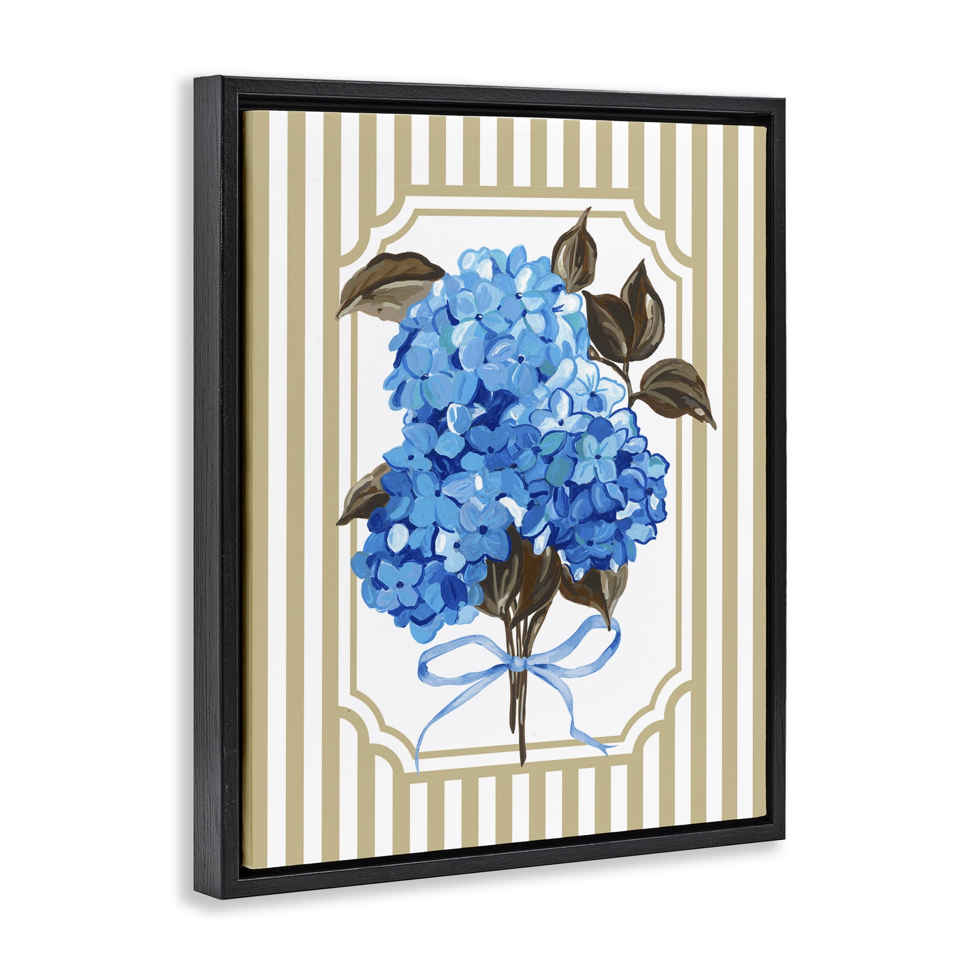 Blue Hydrangea Blossom Bow Black Framed Floater Canvas Wall Art, design by Adonna Ebrahimi