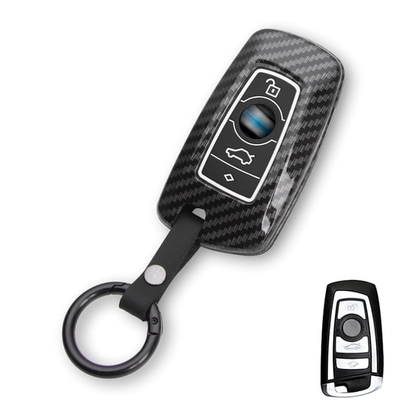 Xotic Tech Carbon Fiber Pattern Black Silicone Case Key Fob Cover Full Protector Holder w/Keychain Compatible with BMW 1 2 3 4 5 6 7 Series X3 X4 M2 M3 M4 Keyless Entry Remote Key (5 Buttons, Black)