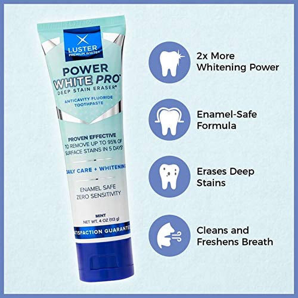 Luster Power White Pro Deep Stain Eraser Anticavity Fluoride, Enamel-Safe & Effective Professional Teeth Whitening Toothpaste, Mint, 4 oz - image 3 of 5