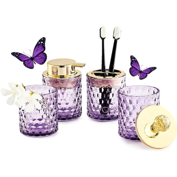 Purple Bathroom Accessories, 4Pcs Purple Bathroom Accessory Set Complete, Toothbrush Holder Set, Soap Dispenser, Qtip Holder, Tumbler