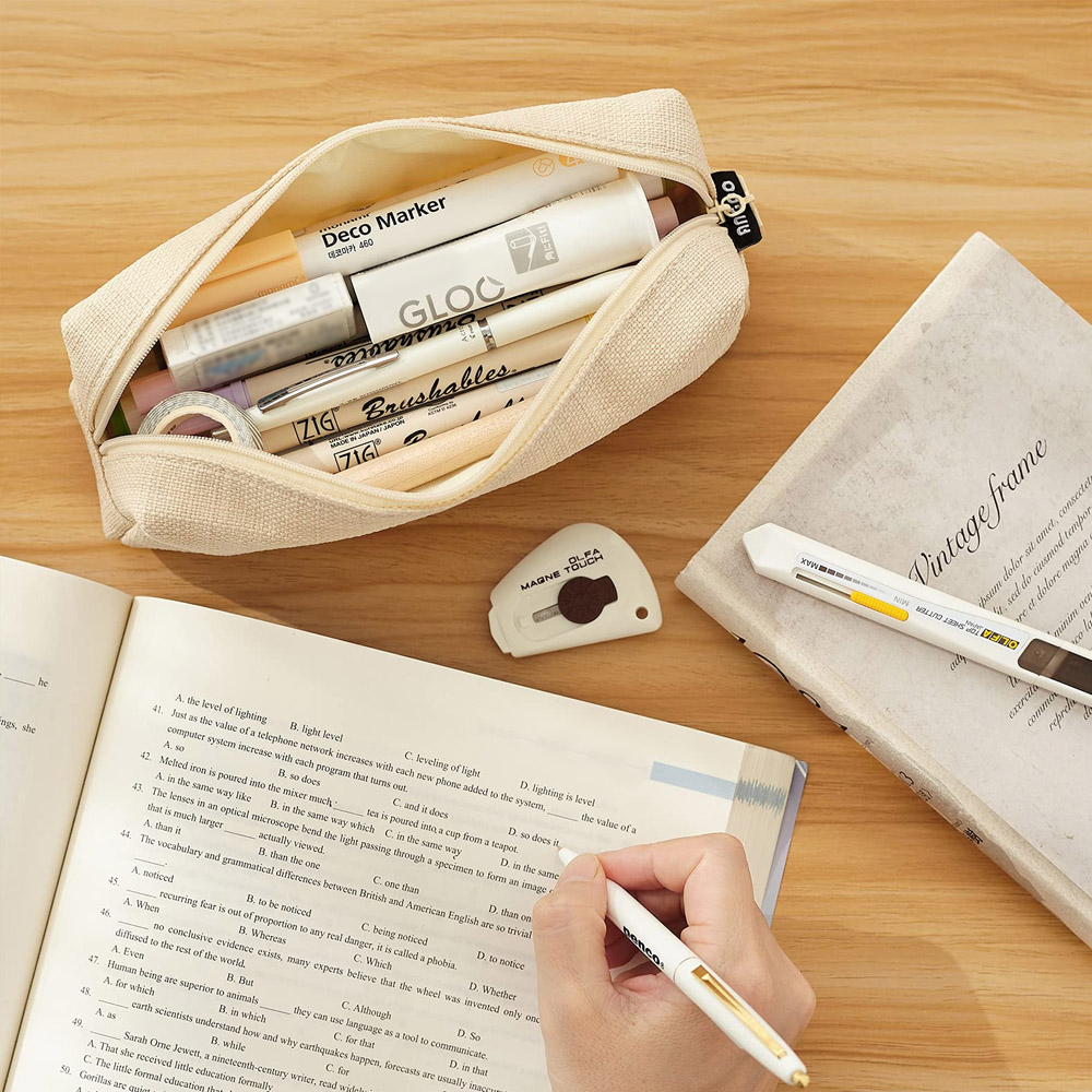 Big Capacity Pencil Pen Case,Durable Canvas Storage Bag for  School/College/Office,Organizer Marker Pen Pencil Holder - Beige 