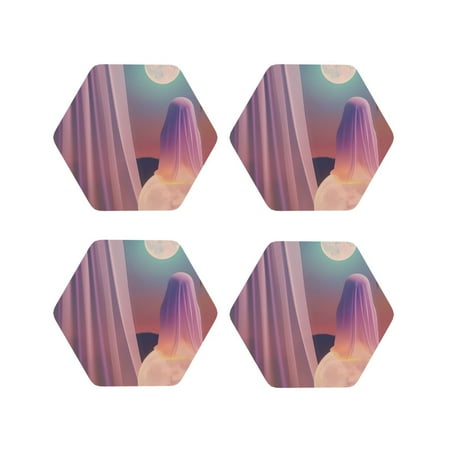 

KLL Drink Coasters Set Hexagon of 4 PU Leather Absorbent Coasters Set Decorative Coffee Cup Coasters Housewarming Gift for Home Decor-Dreamy Moonlit Window