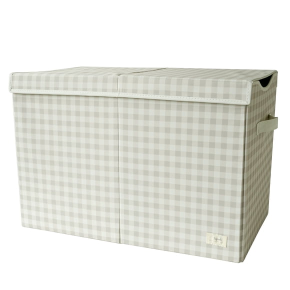 3 Sprouts Recycled Fabric Folding Chest Organizer in Gingham Beige - Collapsible Storage Basket Container with Lid & Handles