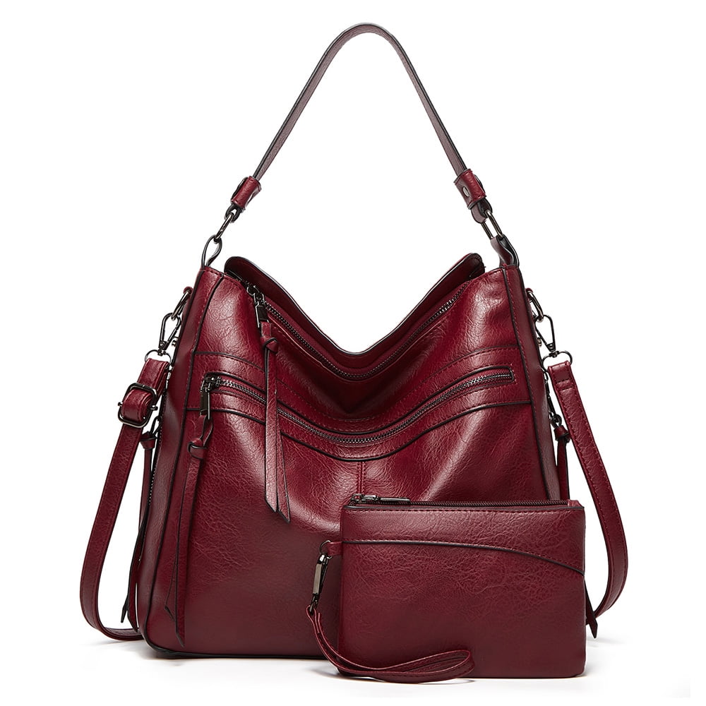 Handbags for Women Satchel Tote Bags Large Ladies Shoulder Bag 3pcs Purse Set Oil Wax Leather red 