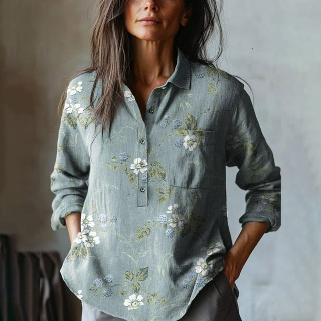 YLHFASHION Chemise en Coton Confortable à Manches Longues Décontractée pour Femmes à Imprimé Artistique Floral Rétro Rabais de 50 % Liquidation Chemises pour Femmes