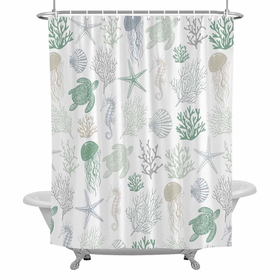 Summer Sea Turtle Seashells Bathroom Shower Curtain, Coral Ocean Creature Green Gradient Waterproof Washable Soft Bath Curtain for Bathtub Decor with 12 Hooks&Grommet, 66x72 Inch