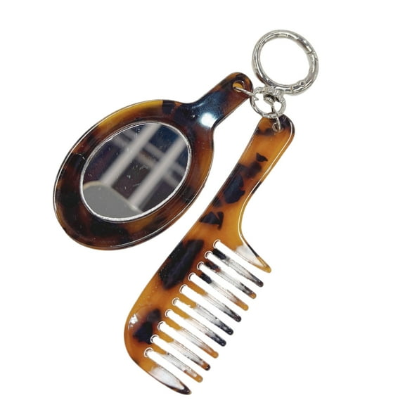 Leopard Print Acetate Comb Keychain with Makeup Mirror Stylish Keyring Accessory
