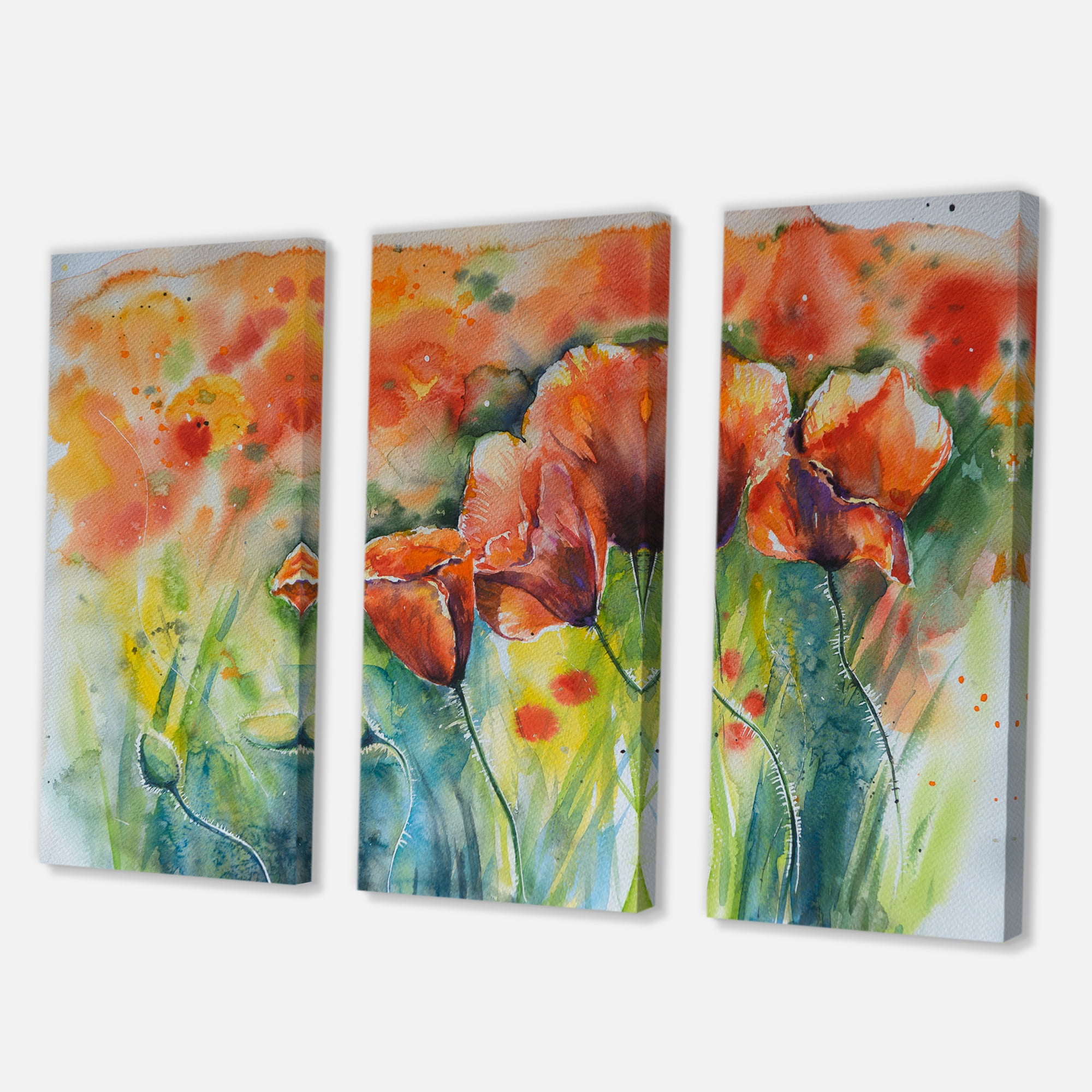 Designart ' Red Blossoming Poppies Over Wild Green IV ' Traditional Canvas Wall Art Print