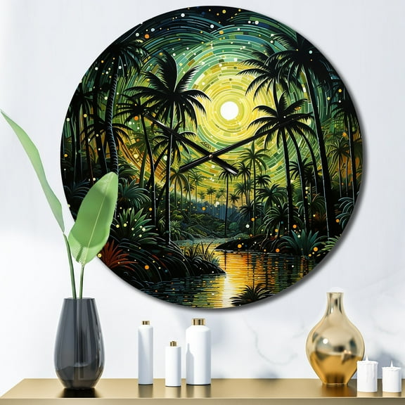 Designart "Green Palm Trees Painting I" Floral Oversized Wall Clock