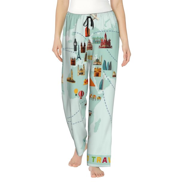 Fotbe World Travel Map Pantalones de Pijama para Mujer, Pantalones de Dormir, Pantalones Pj con Cordón y Bolsillos-Large