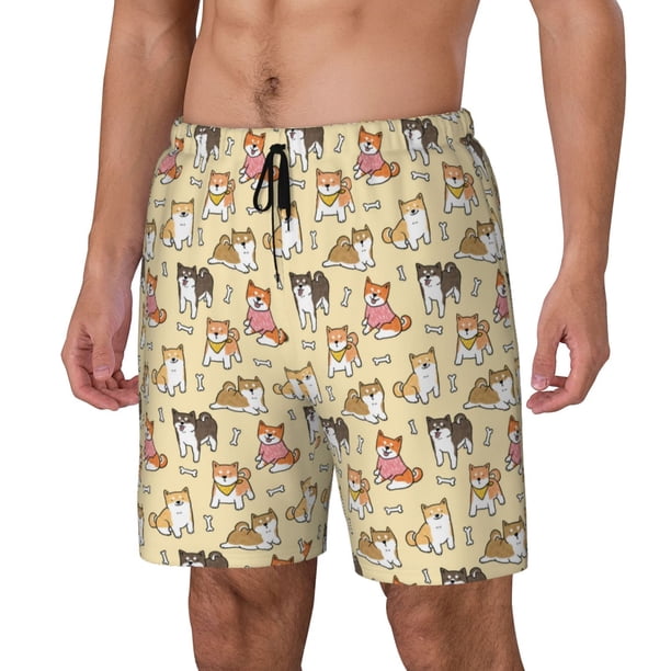 Balery Cartoon Shiba Inu Dog Bañador para hombre, shorts de playa de secado rápido con entrepierna y forro de compresión-Small