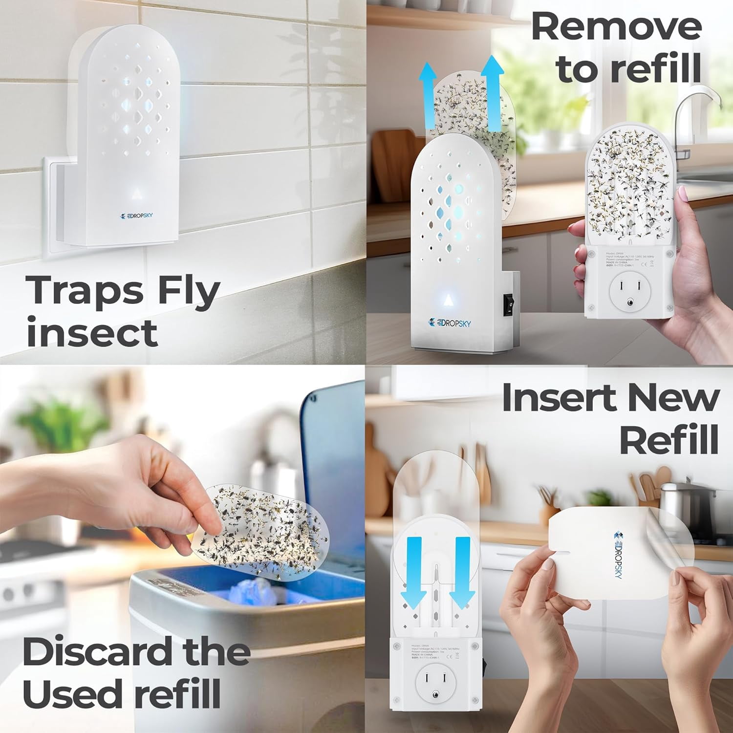 DropSky Flying Insect Trap Refill- Plug in Bug Catcher Indoor Refills, Indoor Fly Trap, Indoor Fly Trap,Trap for Mosquitos, Bugs, Insects, Gnats, Moth and Fruit Flies -Plug in Refill (Pack of 6 DP09)