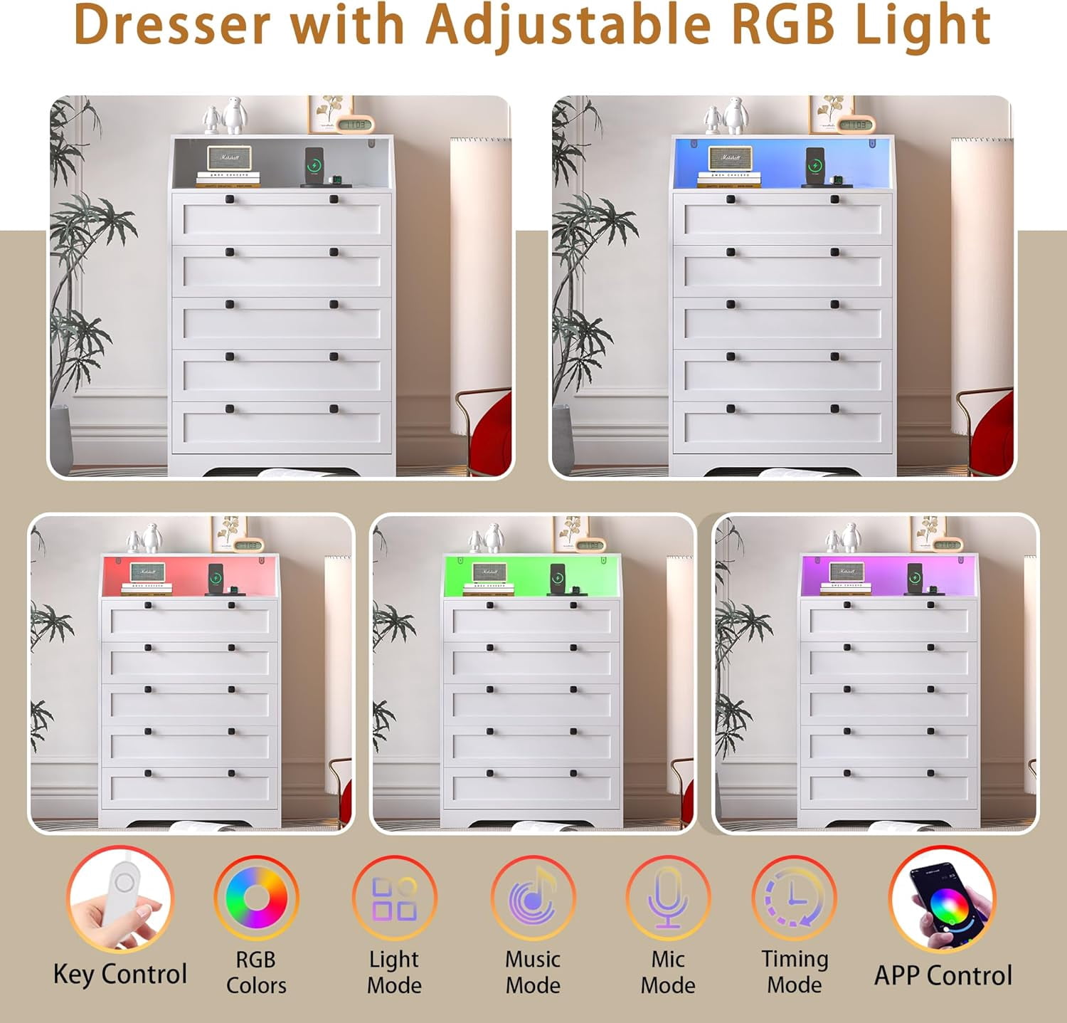 FANRAL 5 Drawers Dresser for Bedroom,Tall Dresser Modern Chest of Drawers with LED Open Shelf,Wood Closet Clothes Organizer Storage Cabinet,White Dresser