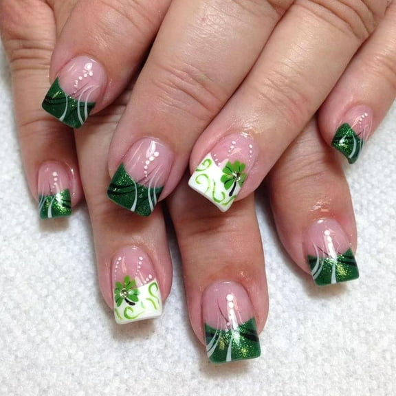 Spring Press on Nails Short Square Fake Nails White French Tip Nails Press ons Glossy Glue on Nails Nude Full Cover False Nails with White Flower Designs Artificial Stick on Nails for Women 24Pcs