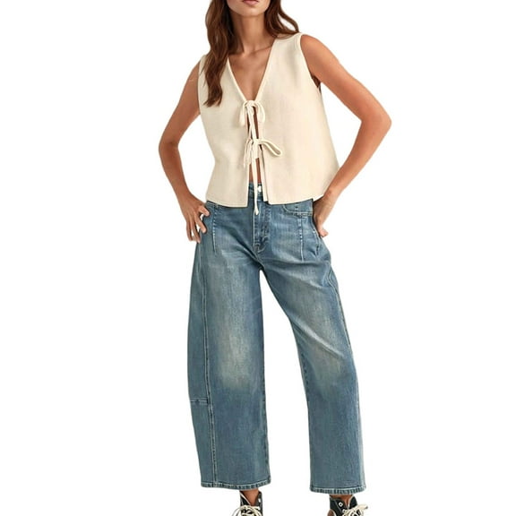 Women'S Summer Sleeveless Crochet Knit Tie Front Sweater Vest L