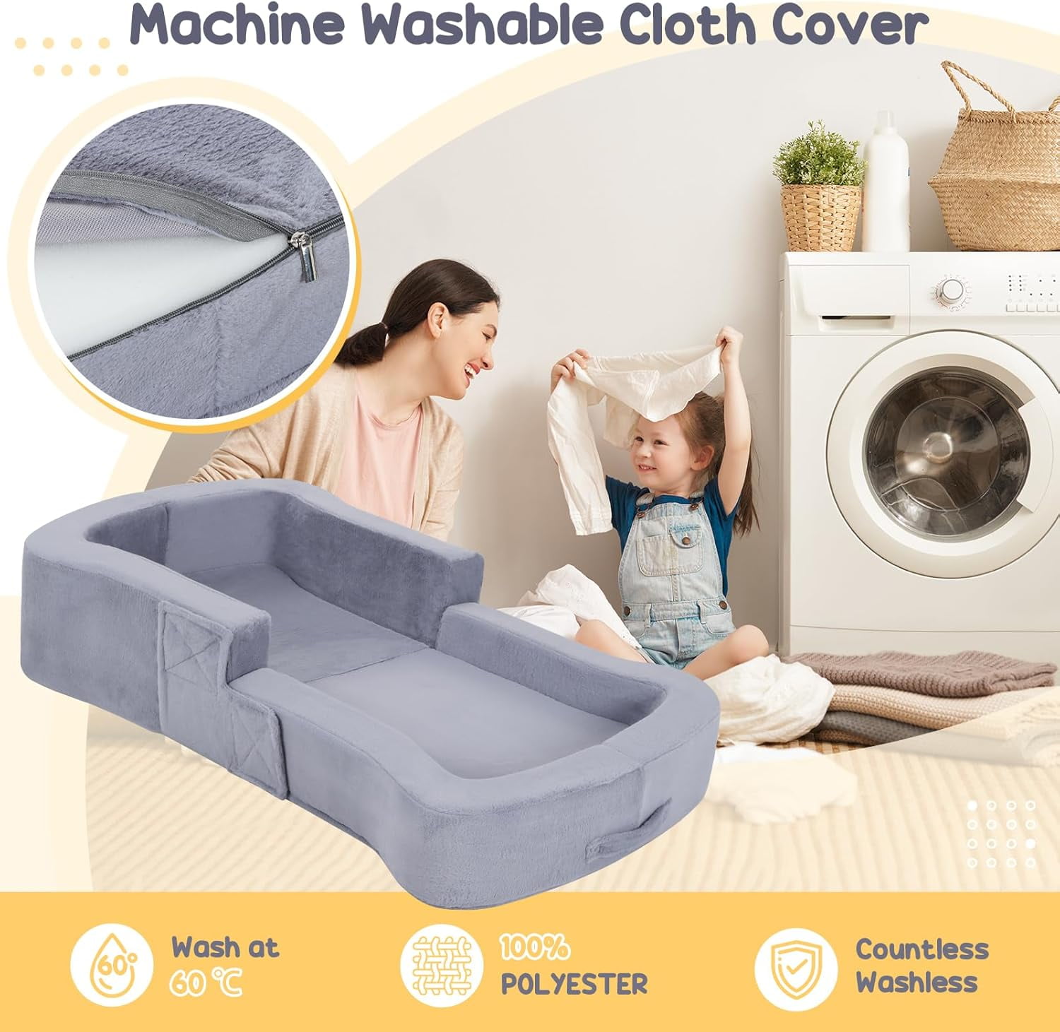 Toddler Travel Bed, 2-in-1 Foldable Portable Toddler Bed Sofa Chair, Soft Baby Kids Travel Floor Cot with Washable Covers Blue
