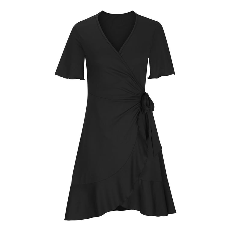 VSSSJ Women Spring Summer Wrap Midi Dress Casual V Neck Flutter Short  Sleeve Tie Waist Long Dress Solid Color Ruffle Hem Slim Fit Dress -  Walmart.com