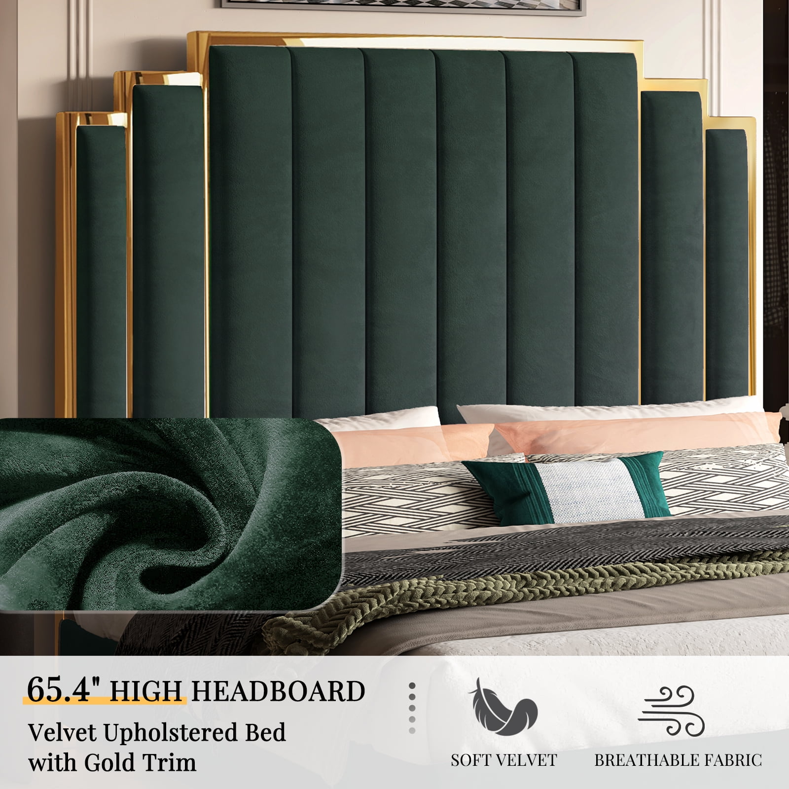 VanAcc King Size Bed Frame and 65" Headboard, Upholstered Bed with Golden Plating Trim, Green