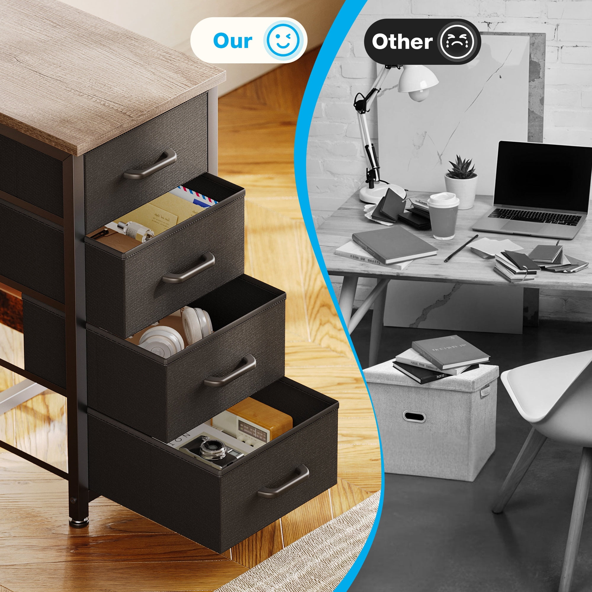 40 inch Computer Desk with 4 Fabric Drawers — Home Office Desks with Storage, Writing Desk with Side Hook, Desk Study/Work Table for Bedroom and Small Space, Oak Grey