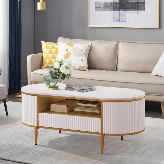 Center Table 47.24" Oval Modern Fluted Coffee Table with Drawer Modern Luxury Fluted Coffee Table, 48" Coffee Table with Storage Drawer, Oval Coffee Tables with Golden Legs, Faux Marble Top, Center Ta